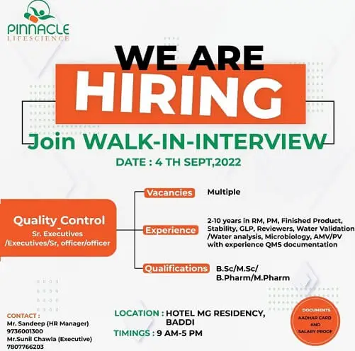Pinnacle Life science walk-in interview for QC